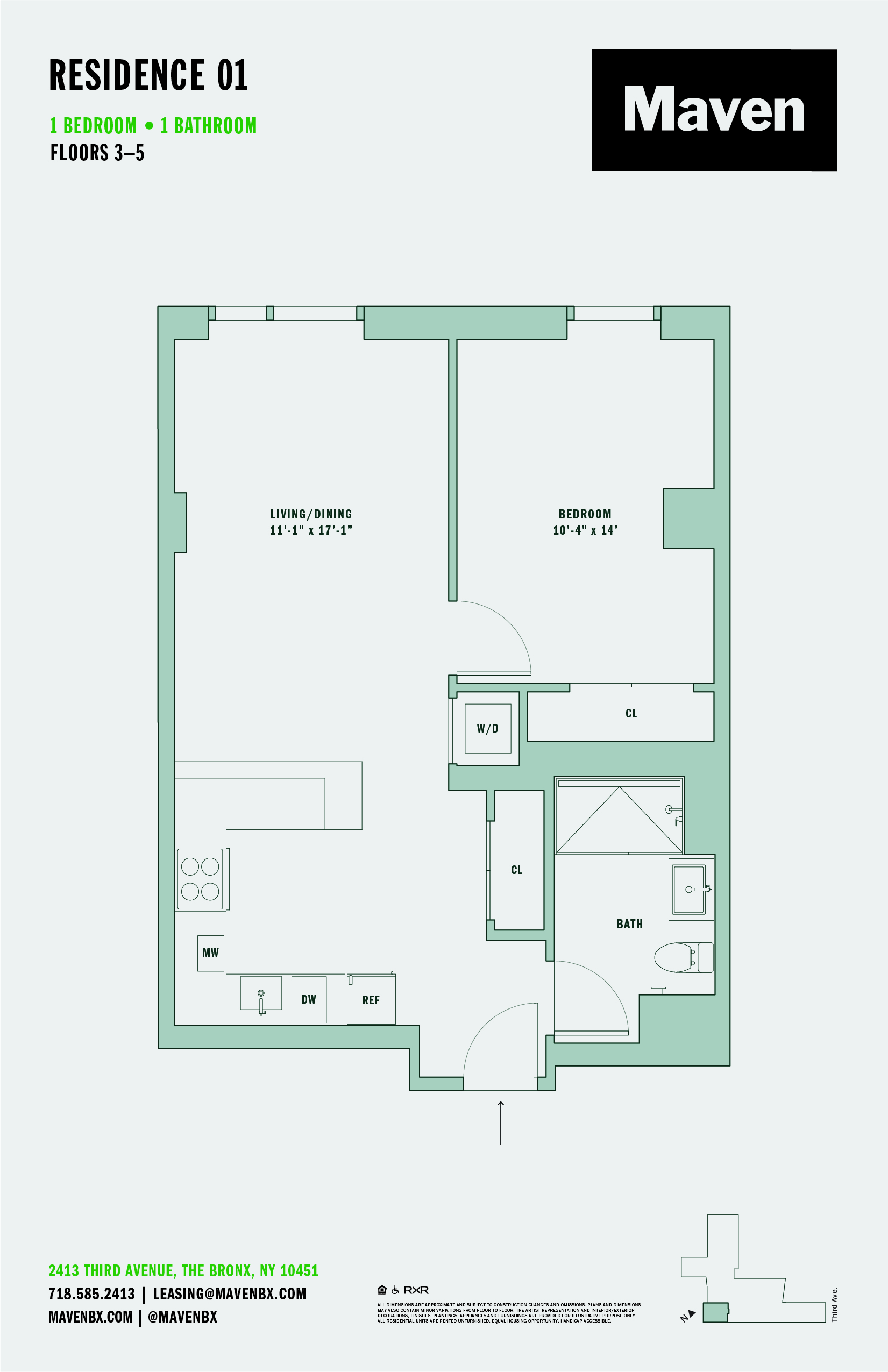 Floor plan for 1 bed, 1 bath, 704 sqft